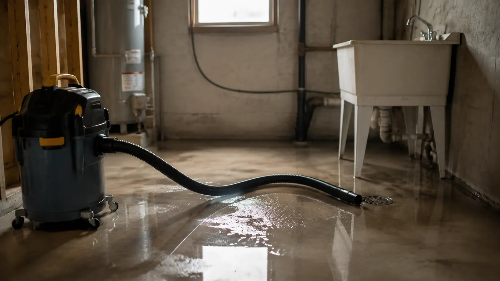 A basement utility room with a shop vacuum hose pulling standing water toward a floor drain
