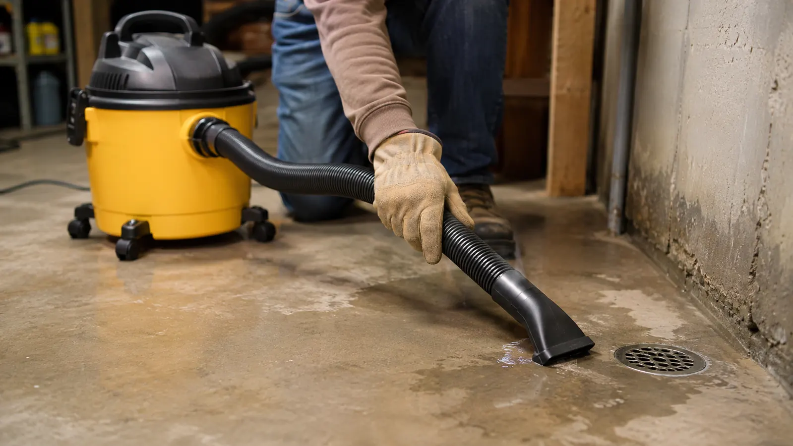 A hand in a work glove guiding the wet/dry vac hose over a damp basement floor toward a floor drain