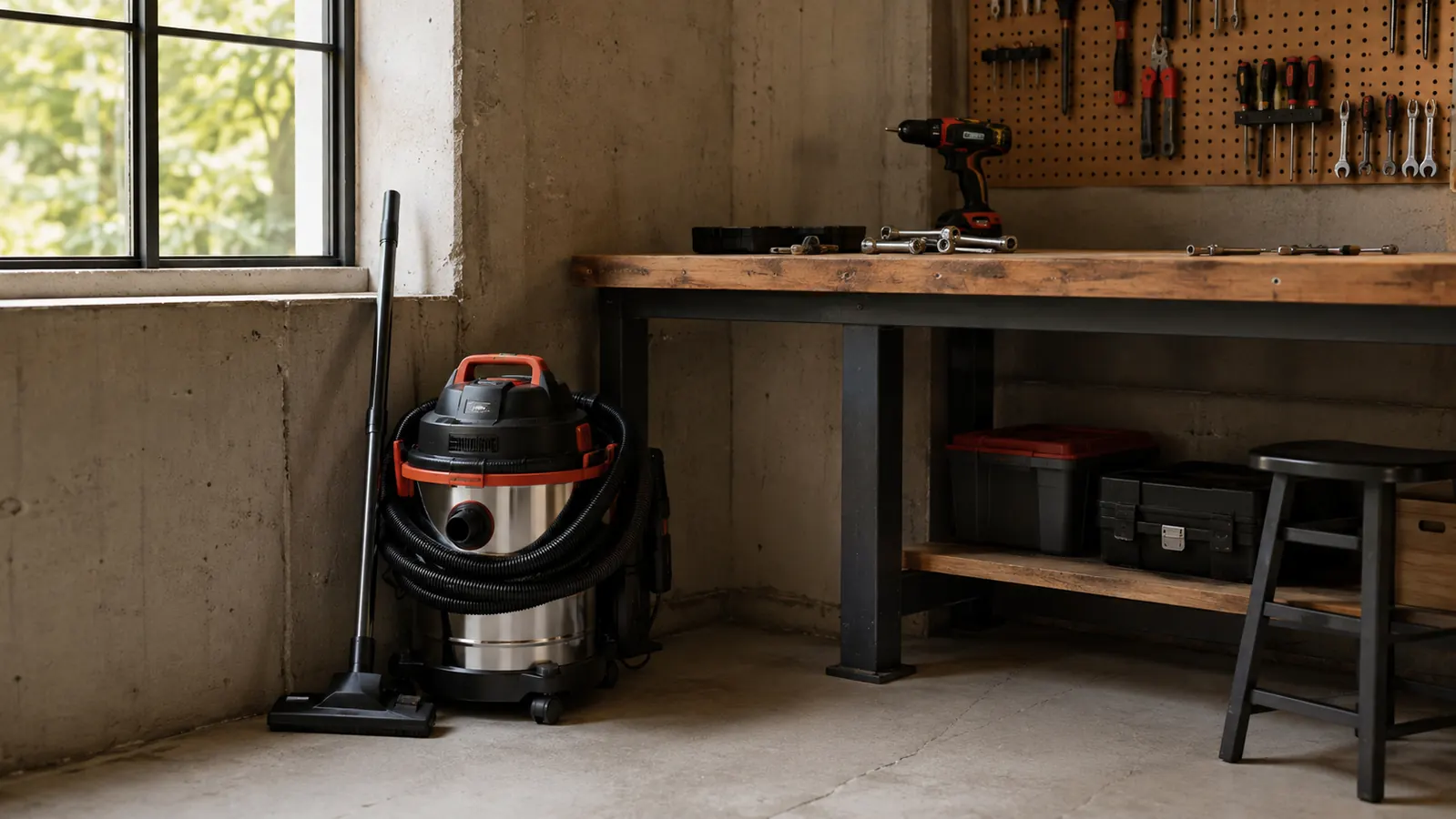A stainless steel wet/dry vac tank and coiled hose tucked neatly in the corner of a clean, dry basement workshop
