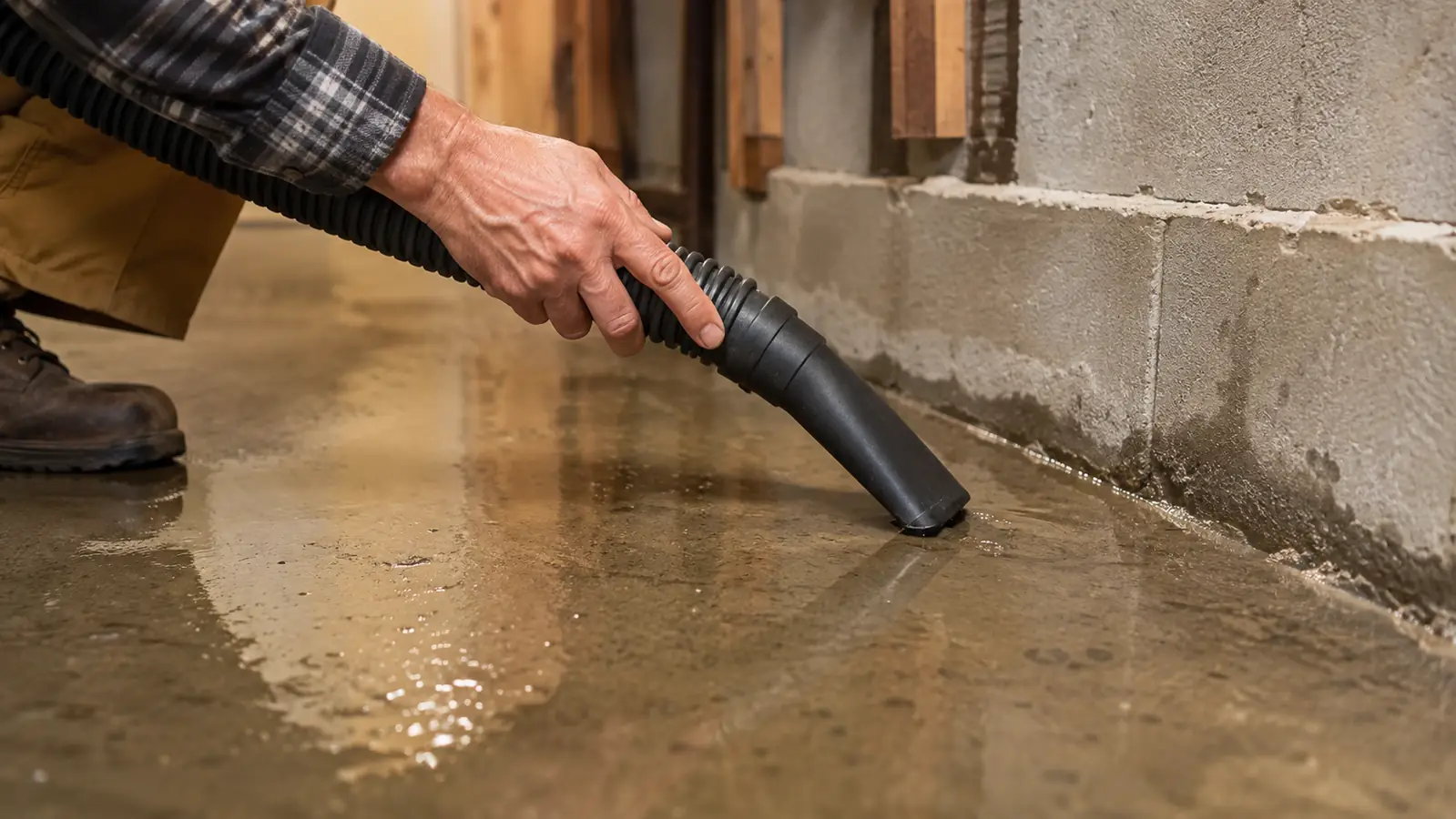A hand guiding a shop vac hose along the edge of a damp concrete floor, collecting standing water