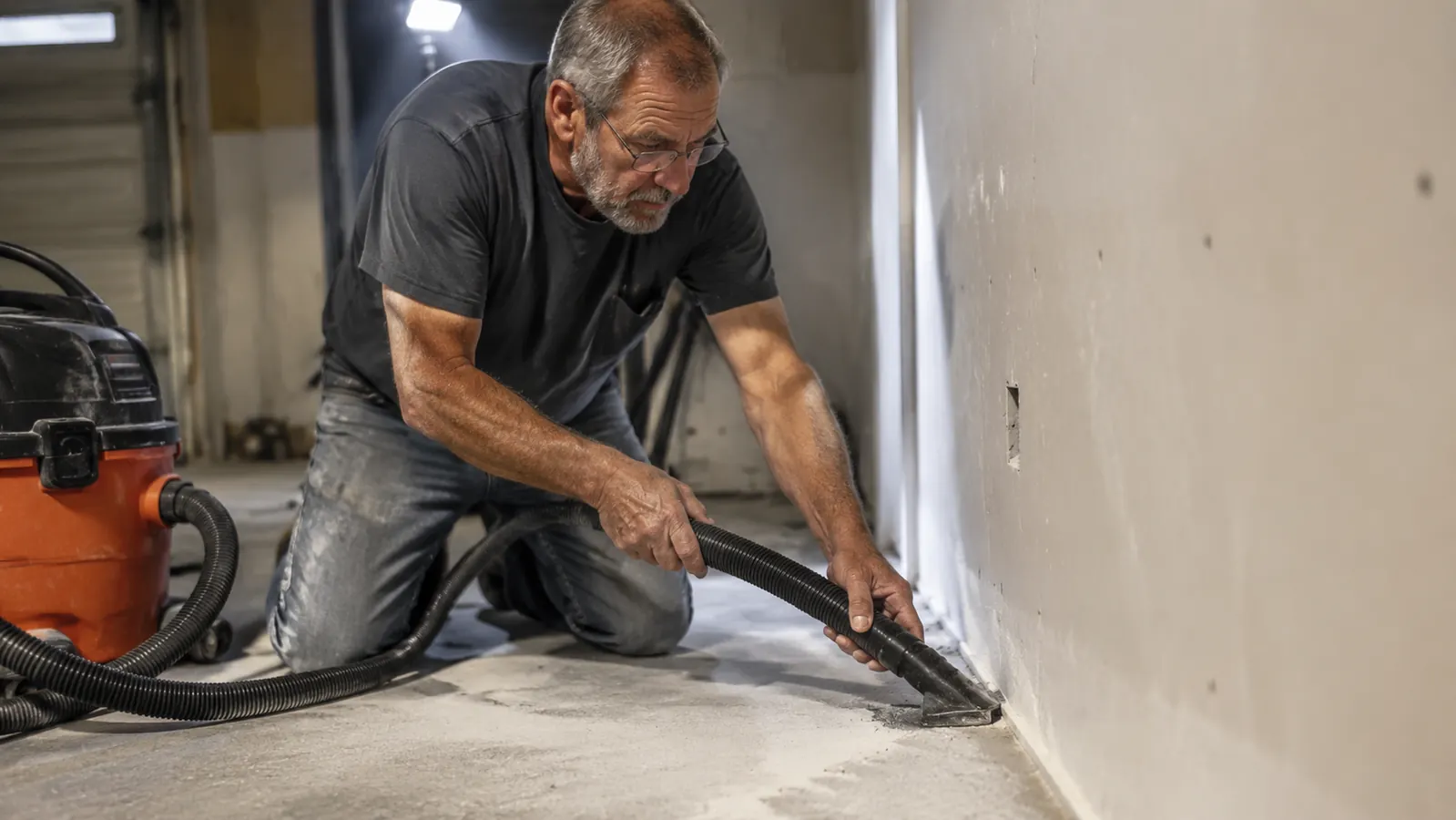 An older man kneeling on a dry garage floor running a shop vac hose across fine drywall dust near a wall